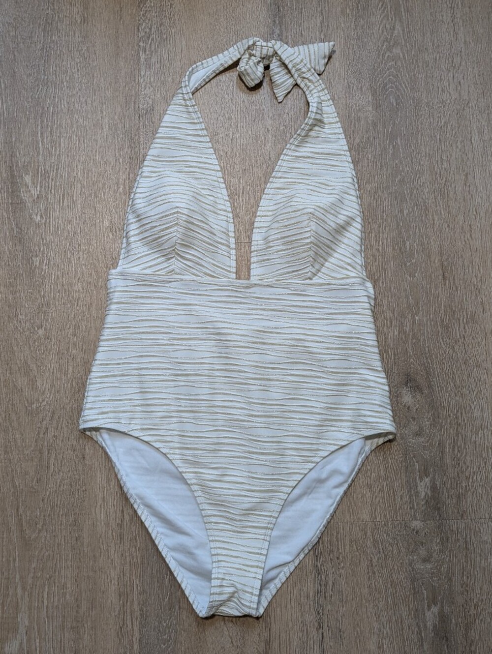 Cupshe Cream White Metallic Gold One Piece Plunge Swimsuit L Large